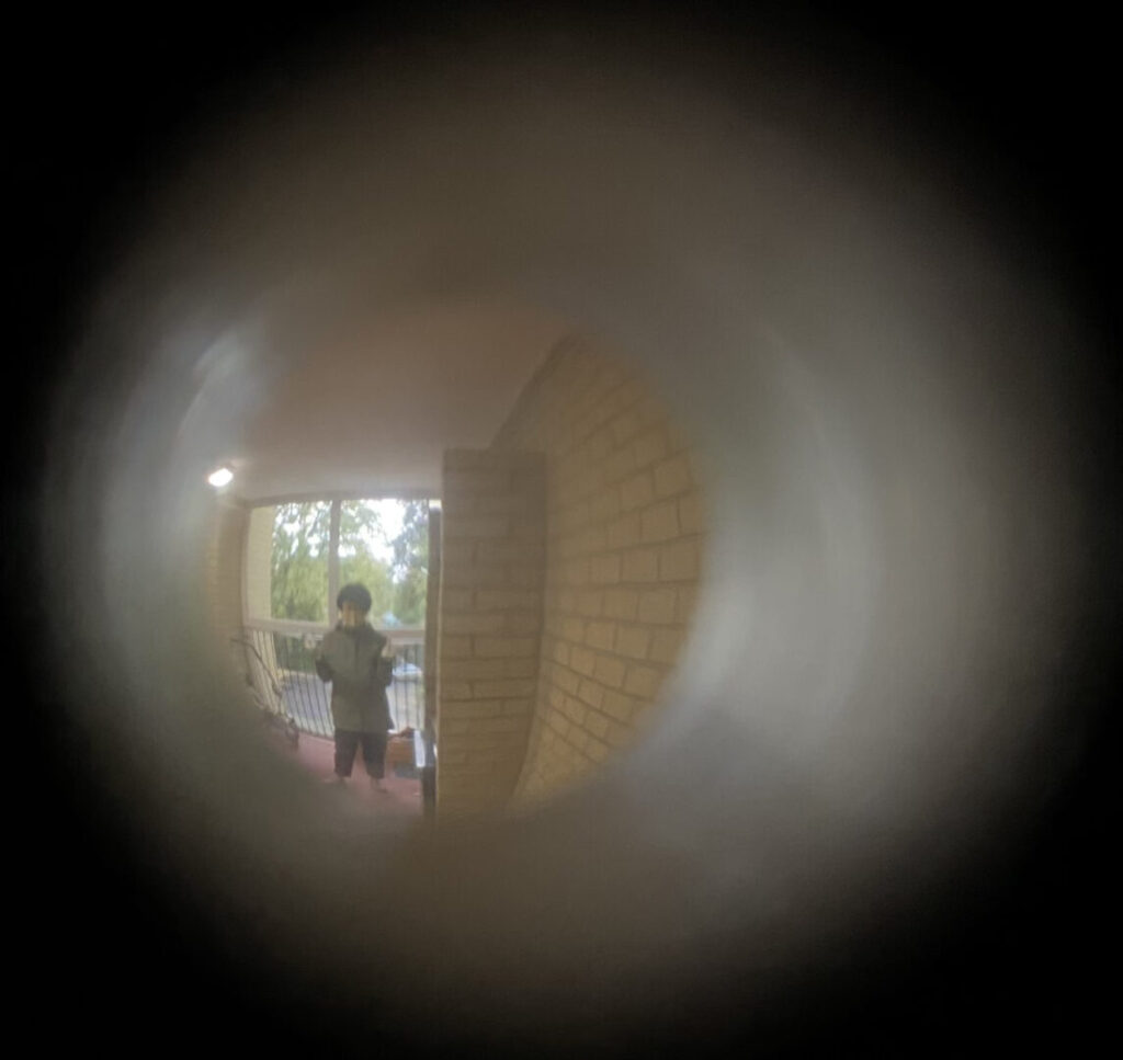 A photograph through a keyhole with a black vignette around the edge. Denise can be seen through the keyhole, standing next to a brick wall. Denise has black hair and is wearing a yellow mask, a green coat and black trousers. Behind Denise is a window and outside the window, there are trees.