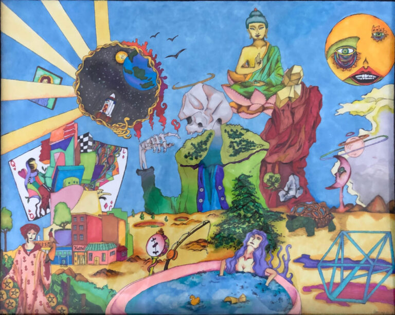 An amateur art piece made from marker and color pencil that depicts trippy scene of disorder. It is channels bipolar disorder, mind-altered states, and whimsy and is influenced by Salvador Dali, Jake Lockett, and other artists.