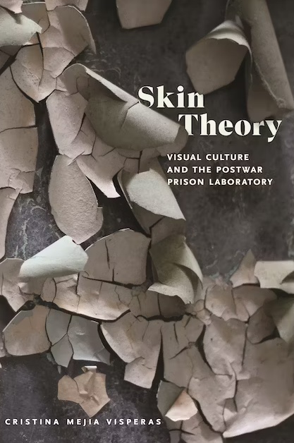 Book cover of Skin Theory: Visual Culture and the Postwar Prison Laboratory by Cristina Visperas. Title and author name superimposed on gray/beige flakes peeling off like paint or skin