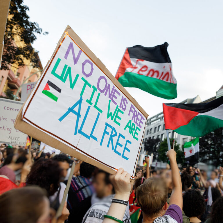 A protest sign being held in the air that reads "No One is Free Until We Are All Free" next to an image of a Palestinian flag. The picture is from the Internationalist Queer Pride for Liberation march in Berlin, 2023.