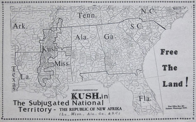 Map of the southern United States with the Subjugated National Territory of the Republic of New Afrika outlined over parts of Mississippi, Louisiana, Arkansas, and Tennessee.