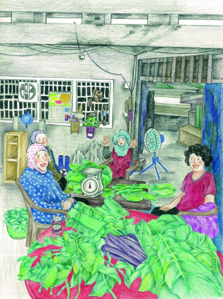 Drawing of a group of women around veg boxes.