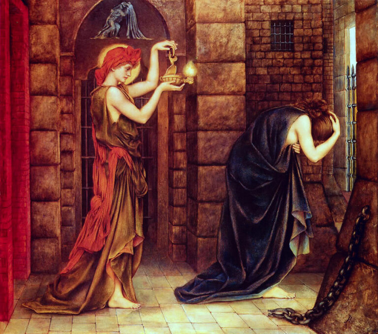 A Pre-Raphaelite painting of Hope, an androgynous person dressed in vivid red holding a lamp, entering a dungeon where Despair, an androgynous figure in a black robe bent over in pain, fear, and grief.