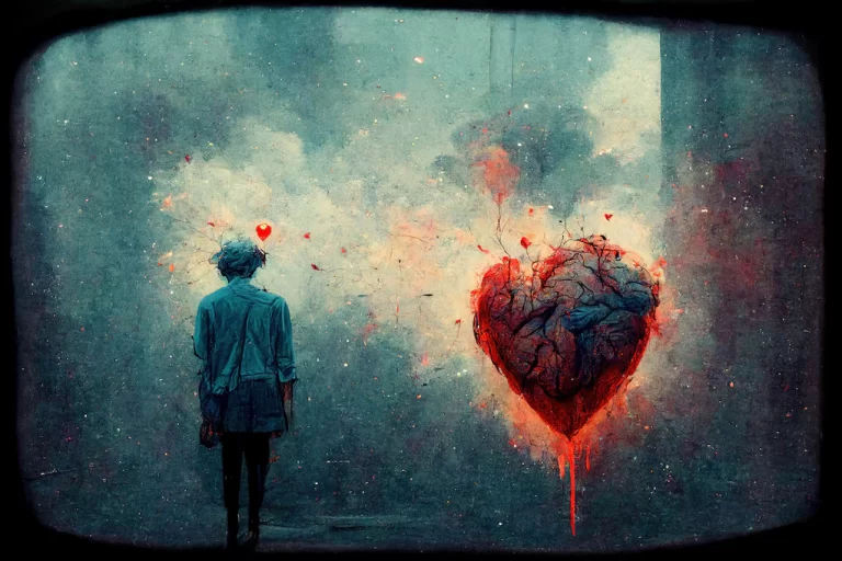 Gloomy painting of a person standing next to a heart. The person is facing away from the viewer, and heart dripping red, like lava.
