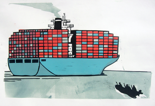 Illustration of a cargo ship with a small black ship approaching