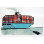 Illustration of a cargo ship with a small black ship approaching