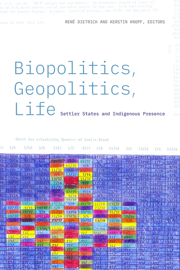 Book cover of Biopolitics, Geopolitics, Life: Settler States and Indigenous Presence edited by René Dietrich and Kerstin Knopf (Duke University Press). Colored chart labeled "Chart for Calculating Quantities of Indian Blood"