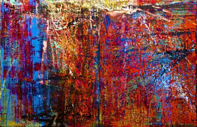 A multi-hued oil on canvas with splashes of blue, orange, red, and yellow