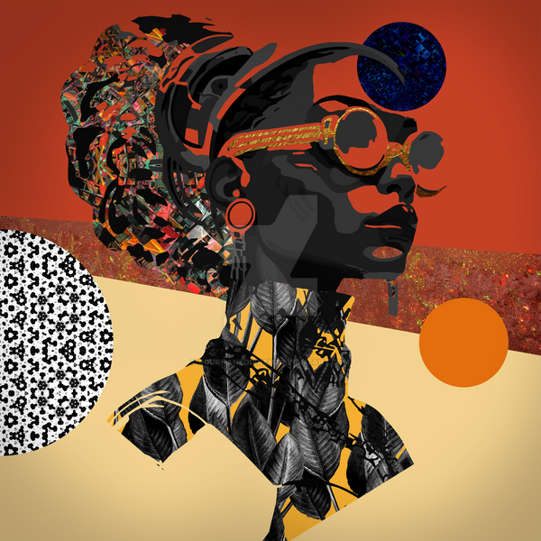 Computerized image of a bust of a Black femme wearing a headwrap and sunglasses