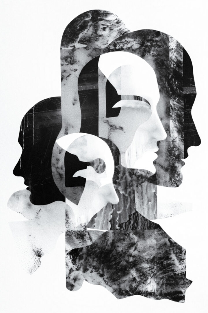 Mosaic of photos and illustration. Overlapping face silhouettes and textures.