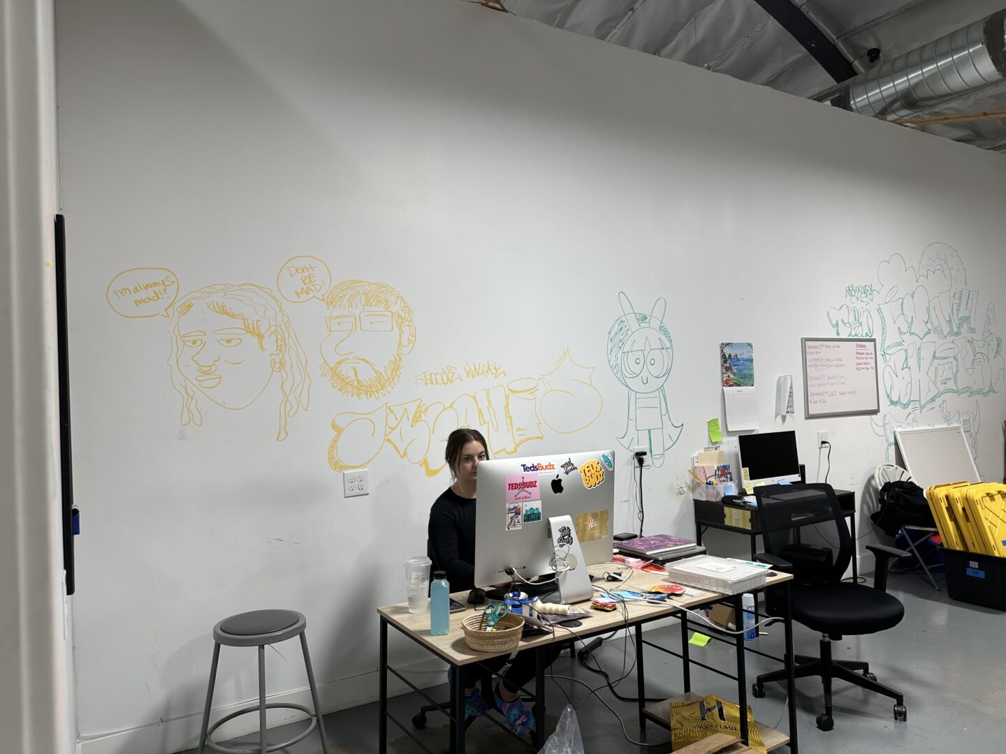 A graffiti covered white wall behind her, graphic Jacqueline Wallace sits at a desk in front of her silver Apple monitor, covered in Ted’s Budz stickers.