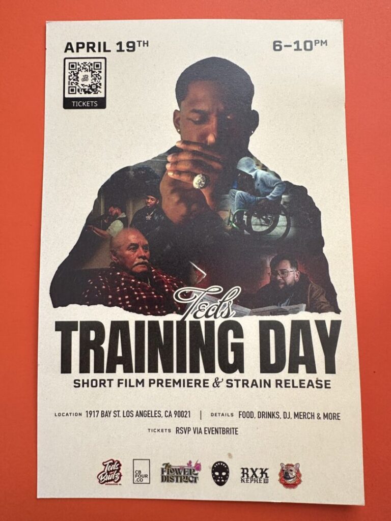 Poster for a screening of the short film titled Ted’s Training Day depicting a bust of Lewis superimposed with images of different characters from the film. Lewis is lighting a joint. 
