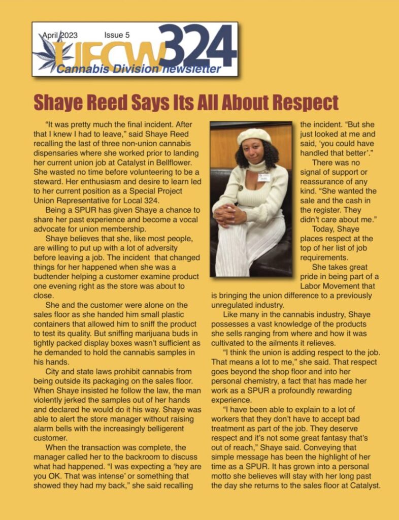 UFCW 324 Cannabis Division newsletter cover with the headline “Shaye Reed Says it’s All About Respect” and featuring a photo of Reed, a Black dispensary worker. 