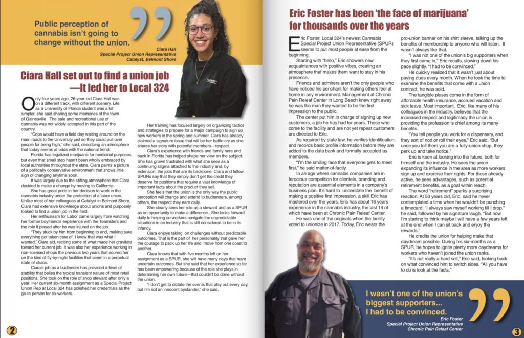 UFCW 324 Cannabis Division Newsletter, with the headlines “Ciara Hall set out to find a union job—it led her to Local 324” and “Eric Foster has been ‘the face of marijuana’ for thousands over the years,” with photos of both Black dispensary workers.