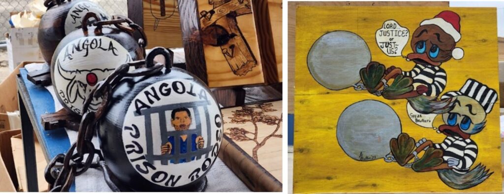 Painting on various objects depicting imprisoned men and imprisoned cartoon characters.