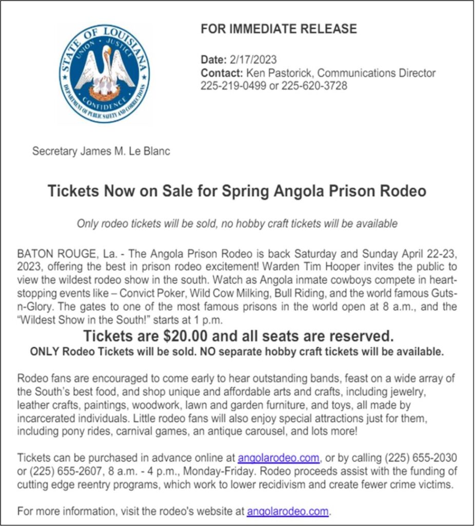 A 2023 press release from the Louisiana Department of Public Safety & Corrections announcing the spring rodeo dates and event details.