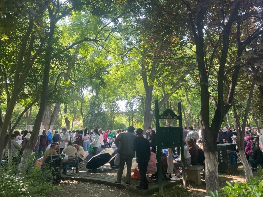A crowd of people gathered in a park.