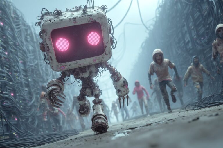 A large, worn-out robot with glowing pink eyes runs down a wire-filled alley, chased by people in hooded clothes wearing Guy Fawke's masks. The scene is misty and chaotic, giving a dystopian, futuristic feel.