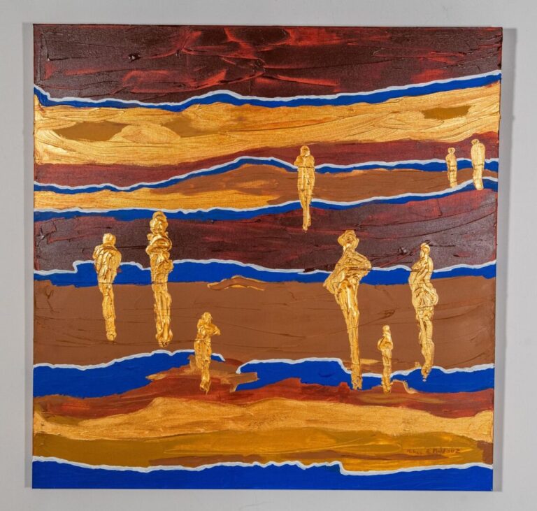Abstract painting of gold humanlike figures against a landscape-like background of brown, tan, and blue bands.