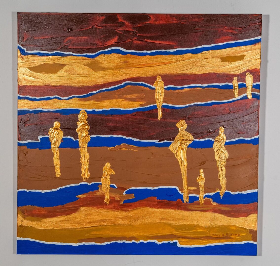 Abstract painting of gold humanlike figures against a landscape-like background of brown, tan, and blue bands.