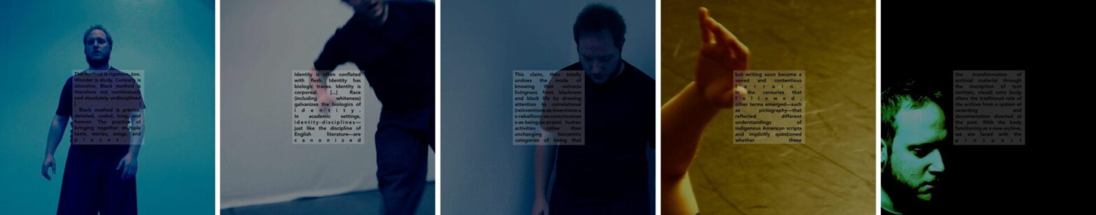 Five square images in a row. An apparently white figure is seen in various positions, sometimes partially out of frame, moving in an empty studio. The images are color-shifted toward blue, sepia, and green. Each image has a square box of text overlaid at its center.