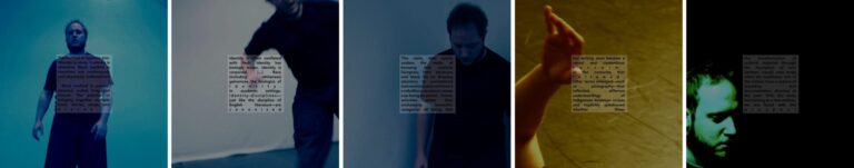 Five square images in a row. An apparently white figure is seen in various positions, sometimes partially out of frame, moving in an empty studio. The images are color-shifted toward blue, sepia, and green. Each image has a square box of text overlaid at its center.