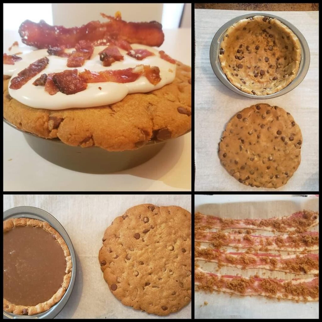 College of a pie style chocolate chip cookie filled with peanut butter fudge and topped with banana marshmallow fluff and candied bacon pieces.