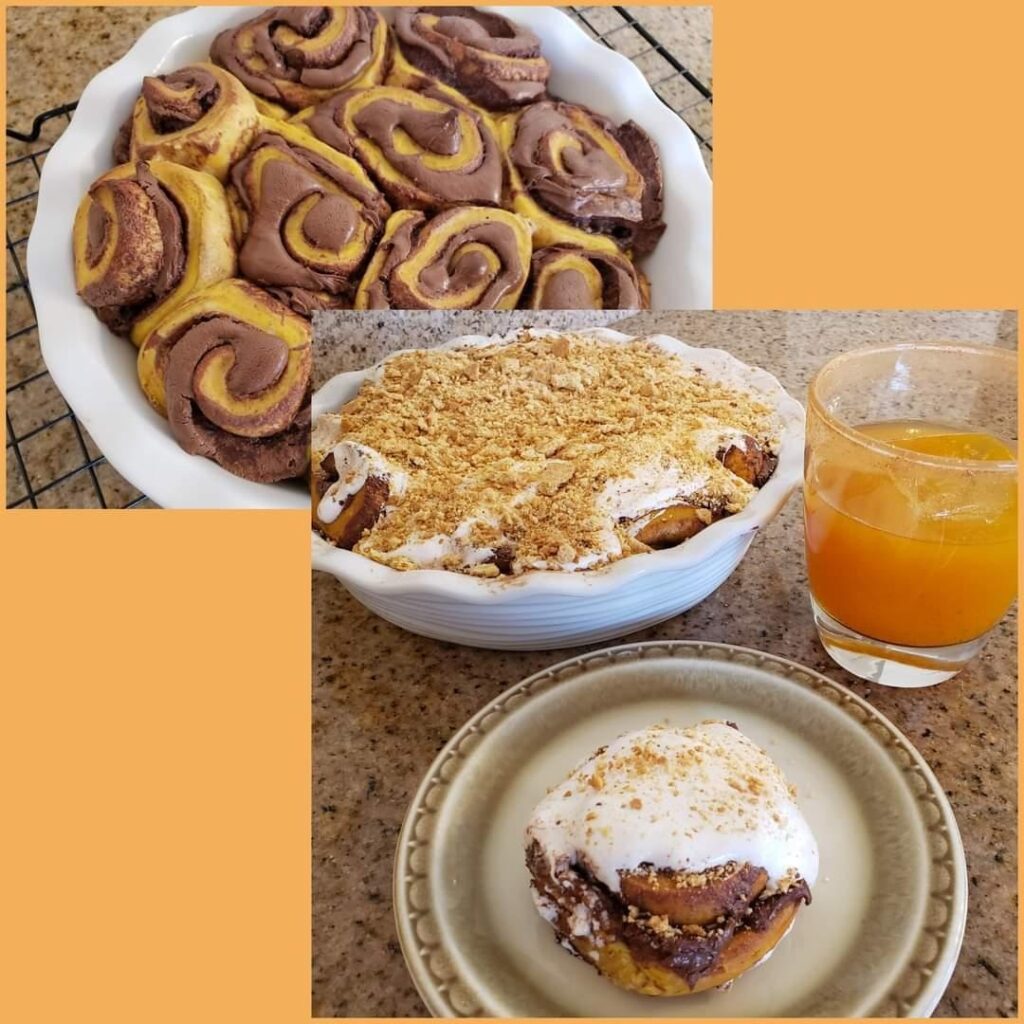 College similar to cinnamon rolls that use pumpkin spice dough and Nutella filling topped with marshmallow fluff and crushed graham crackers with a spicy pumpkin margarita.