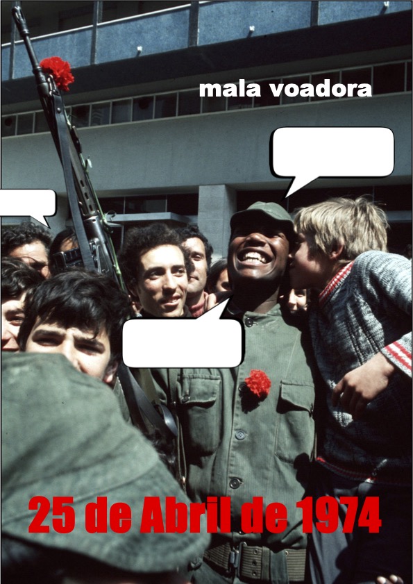 A child kisses a soldier, holding a shotgun with a red carnation at the tip. He is surrounded by other soldiers, in the street
